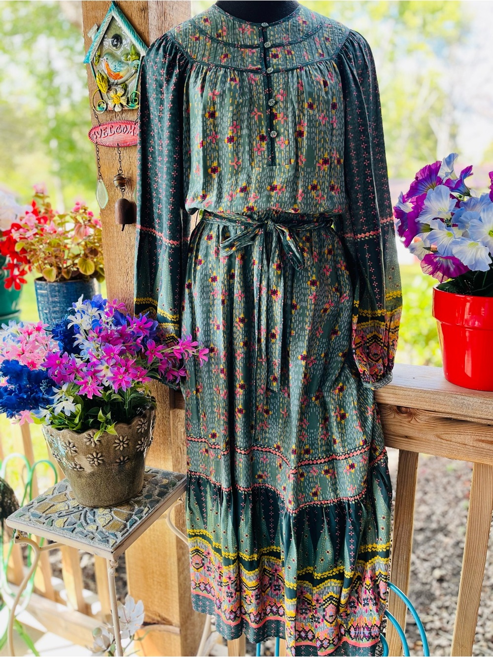 Caballero Nostalgia Green Floral Prairie Cottage-Core Puff Sleeve Maxi Dress S